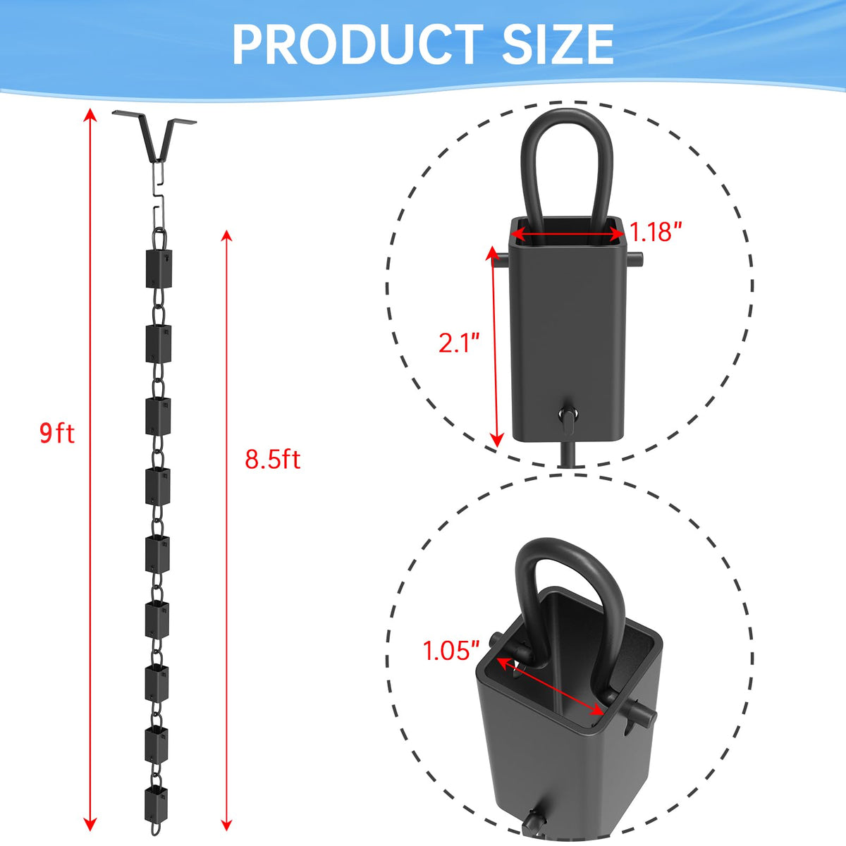 Famiron black powder-coated aluminum rain chain cups offer durable weather resistance.