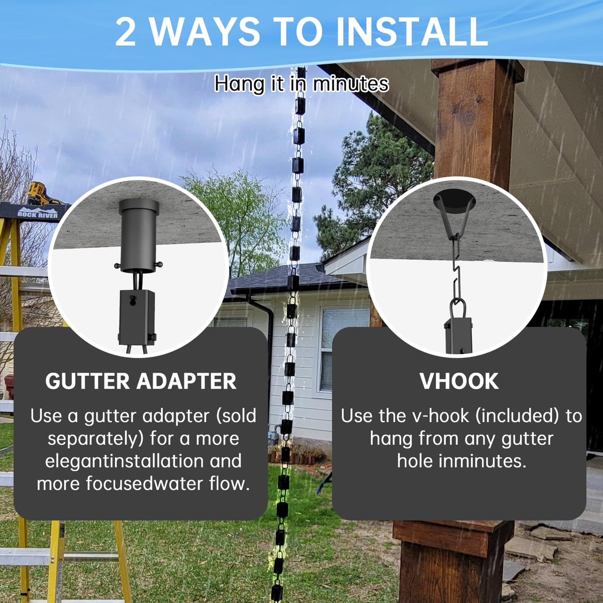 Famiron rain chain installation with hanging hook for standard gutter holes.