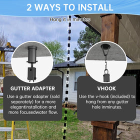 Famiron rain chain installation with hanging hook for standard gutter holes.