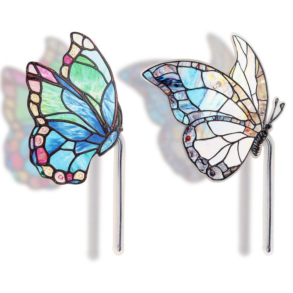 Fampery butterfly suncatcher set brightens plant pots with colorful acrylic wings.