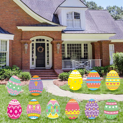 Fanboxk Easter eggs yard sign 10x14 on lawn ready to guide guests