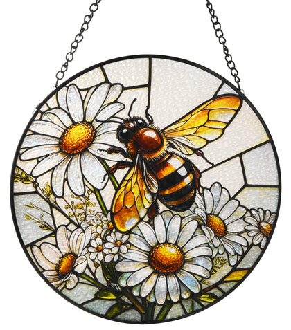 FancyPlus Stained Glass Bee Sun Catcher front view adds cheerful light to any window.