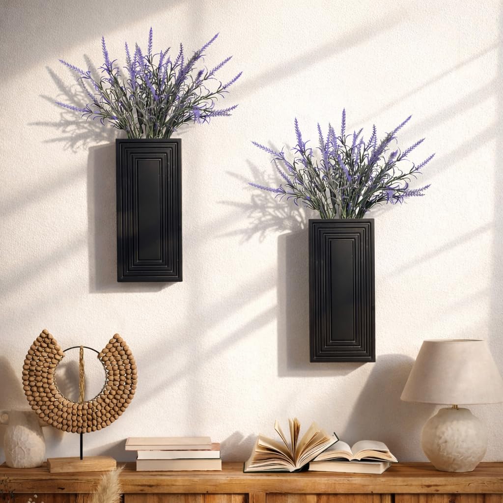FancyPlus wall vase with textured wood finish adds modern black wall art.