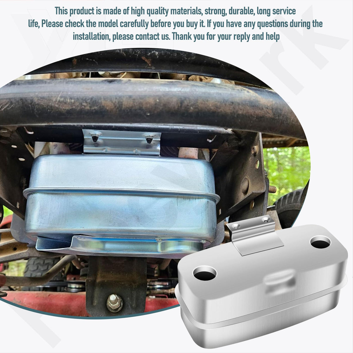 FancyTark muffler label lists compatible brands and models.