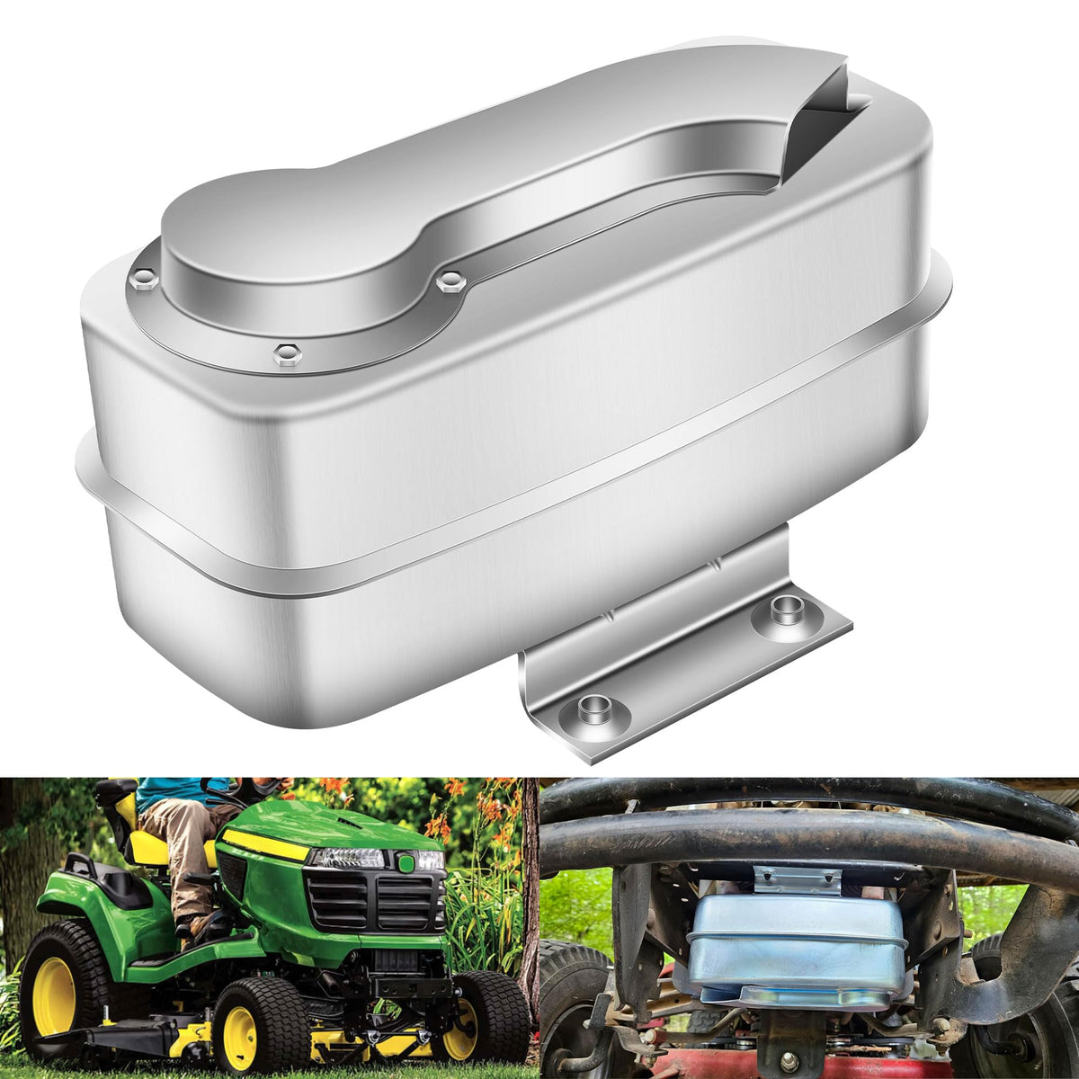 FancyTark twin engine muffler close-up showing rugged construction for durability.