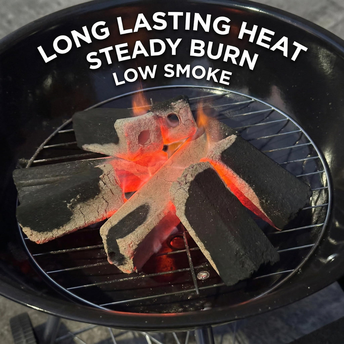FANEAMADE bamboo charcoal lit on grill shows long, steady heat for even searing.