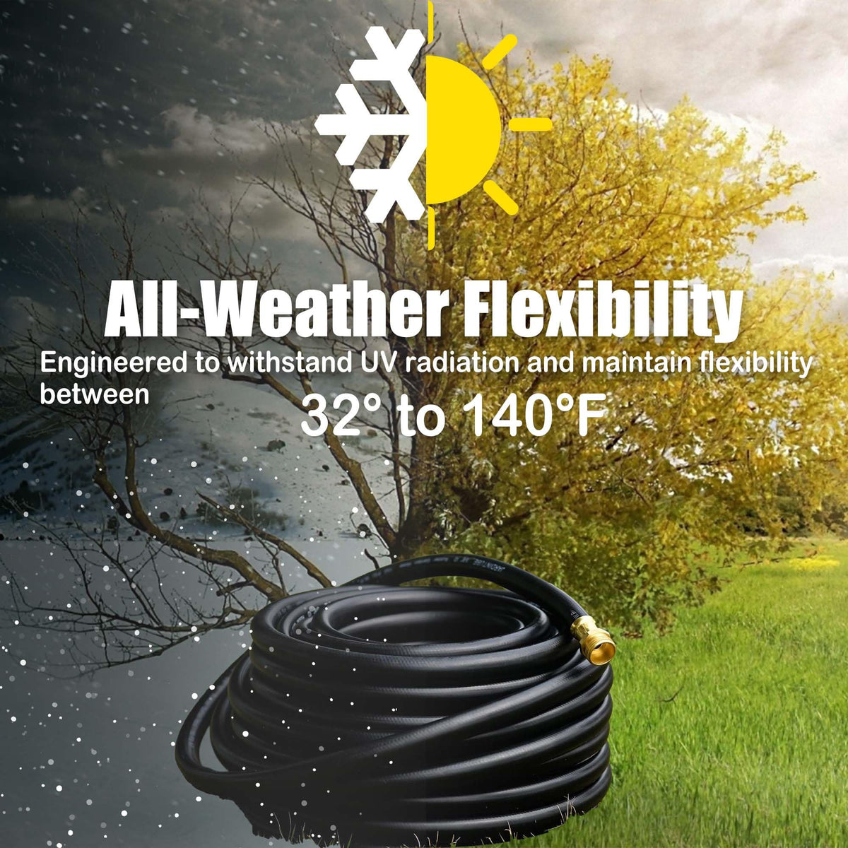 FangFarm Rubber Garden Hose 15FT, UV-resistant rubber for all-season performance.