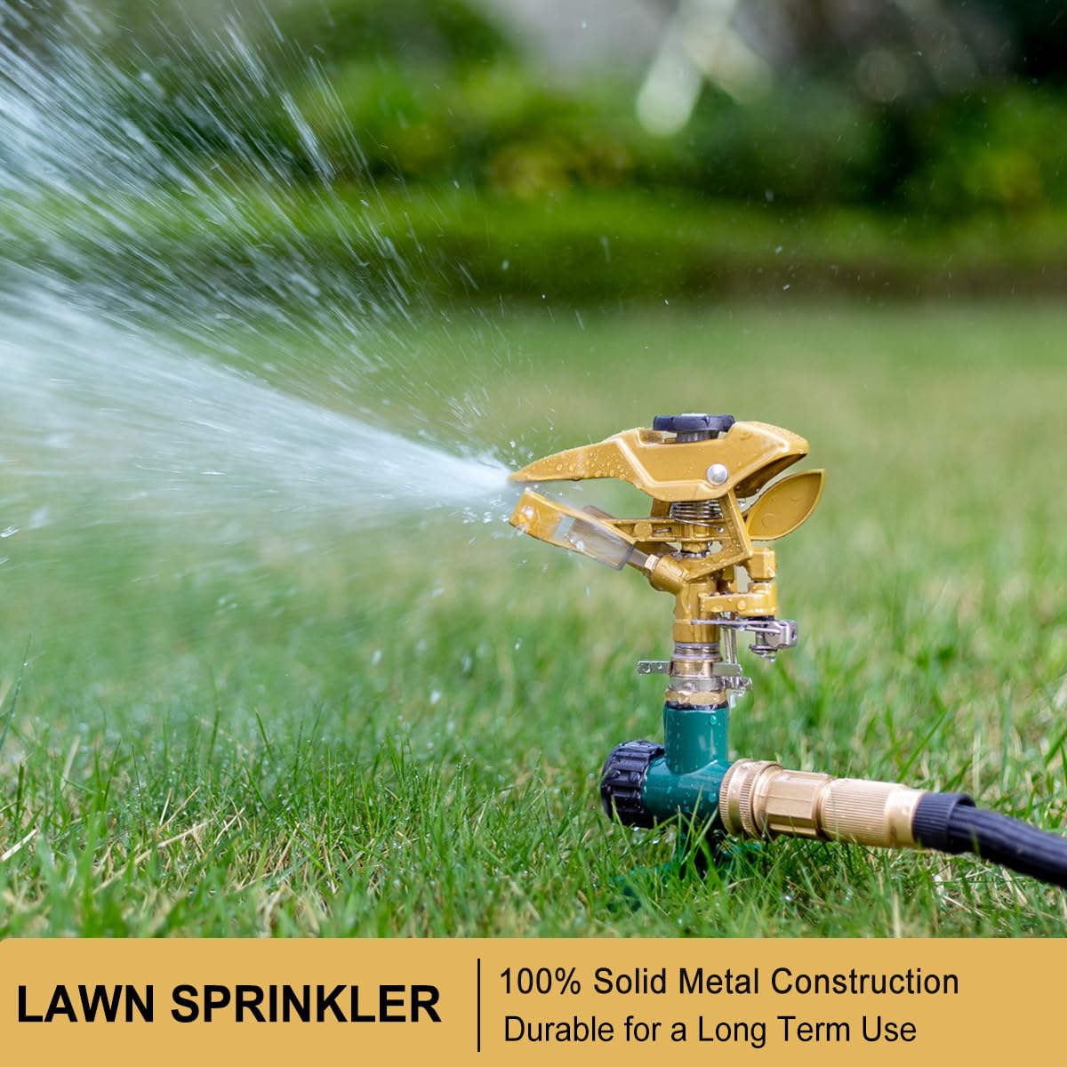 FANHAO sprinkler spike securing the sprinkler into soil for hands-free use.