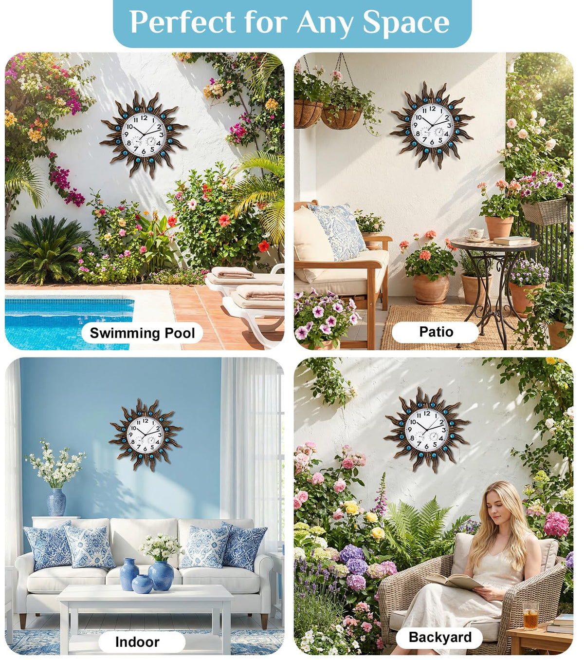 FANOAULEA sun outdoor clock on porch or garden wall