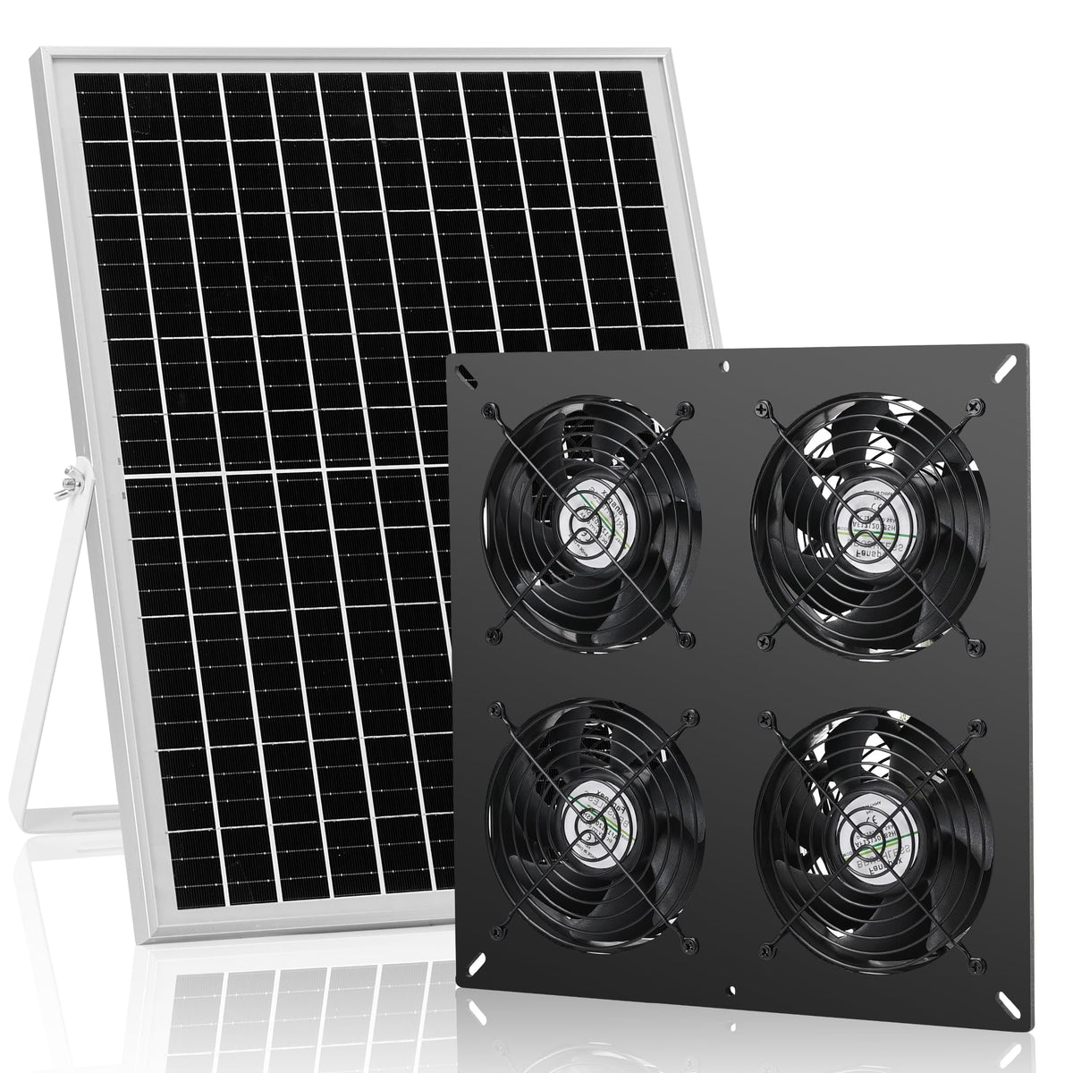 Fanspex Solar 4 Fan Kit panel exterior powering outdoor ventilation for coops.