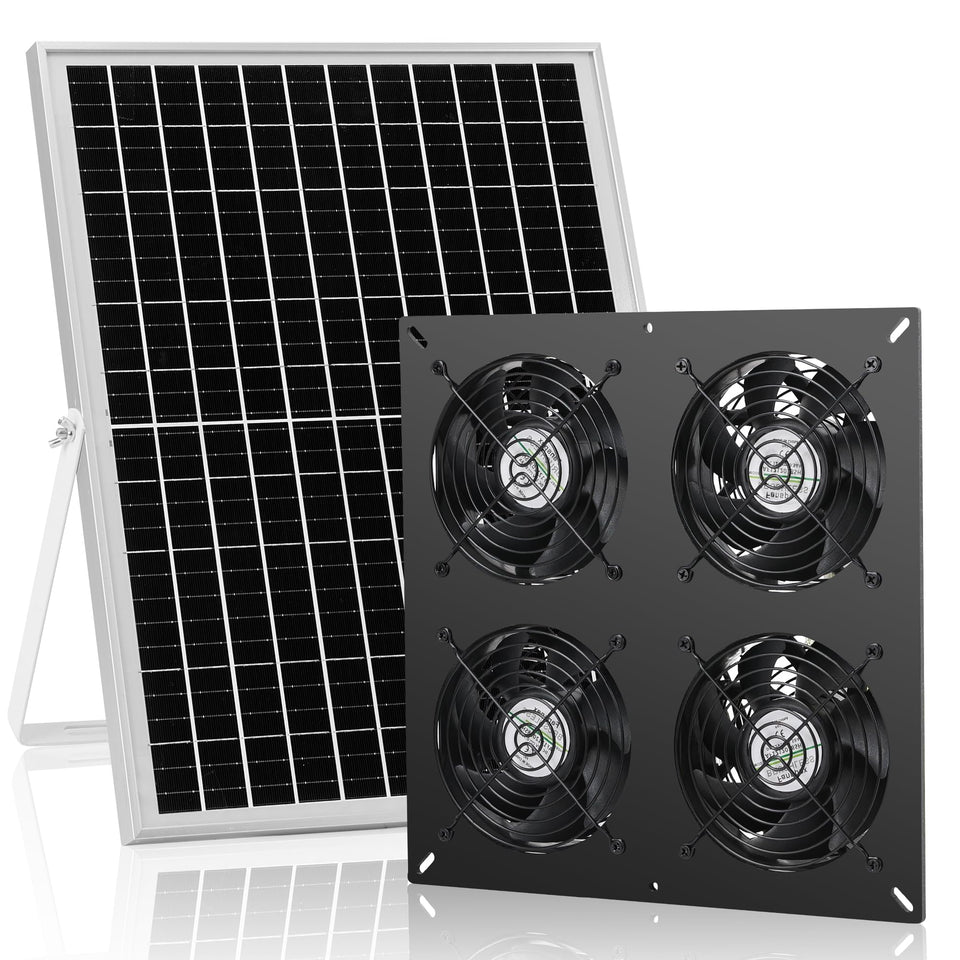 Fanspex Solar 4 Fan Kit panel exterior powering outdoor ventilation for coops.