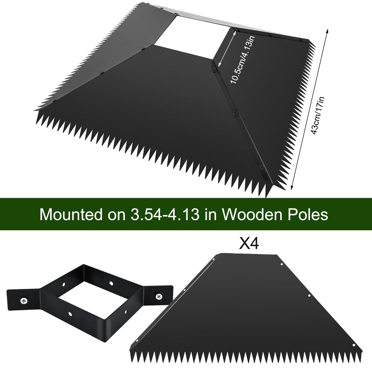 Fantang square squirrel baffle on a wood post prevents squirrels from climbing onto feeders.