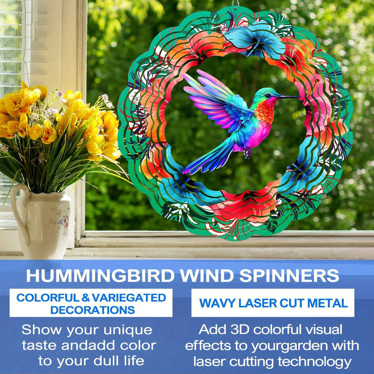 FANTAART hummingbird wind spinner features flower details for vibrant outdoor color.