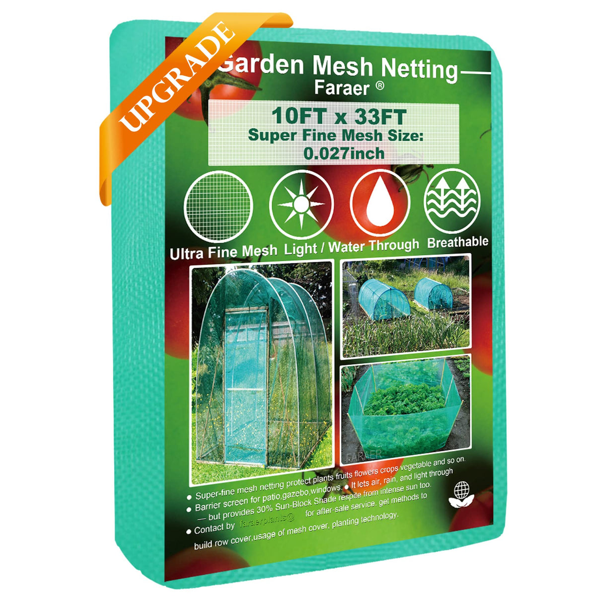 FARAER garden netting 10x33 ft covers vegetables and fruits for bird protection.