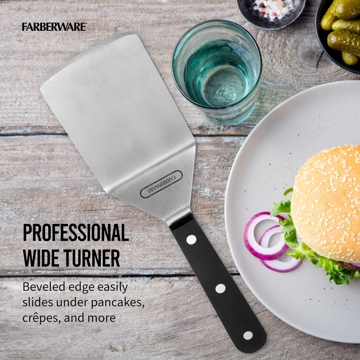 Farberware Pro Wide Turner in action flipping pancakes on a skillet