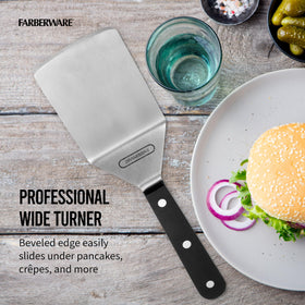 Farberware Pro Wide Turner in action flipping pancakes on a skillet