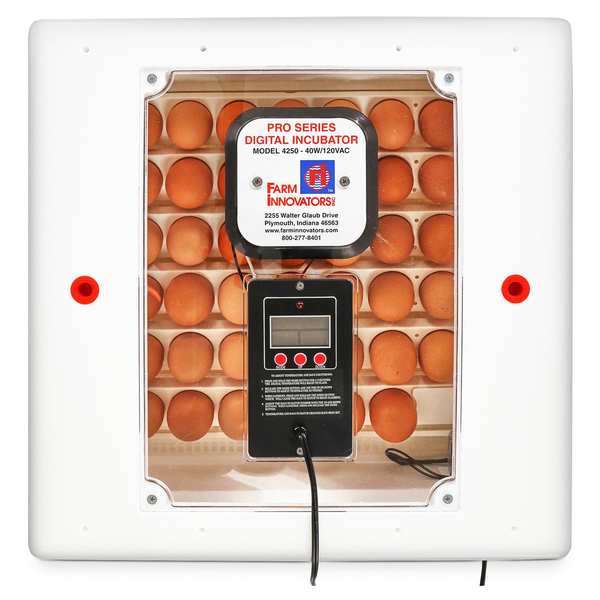 Farm Innovators 41-egg incubator front view with digital controls and heater