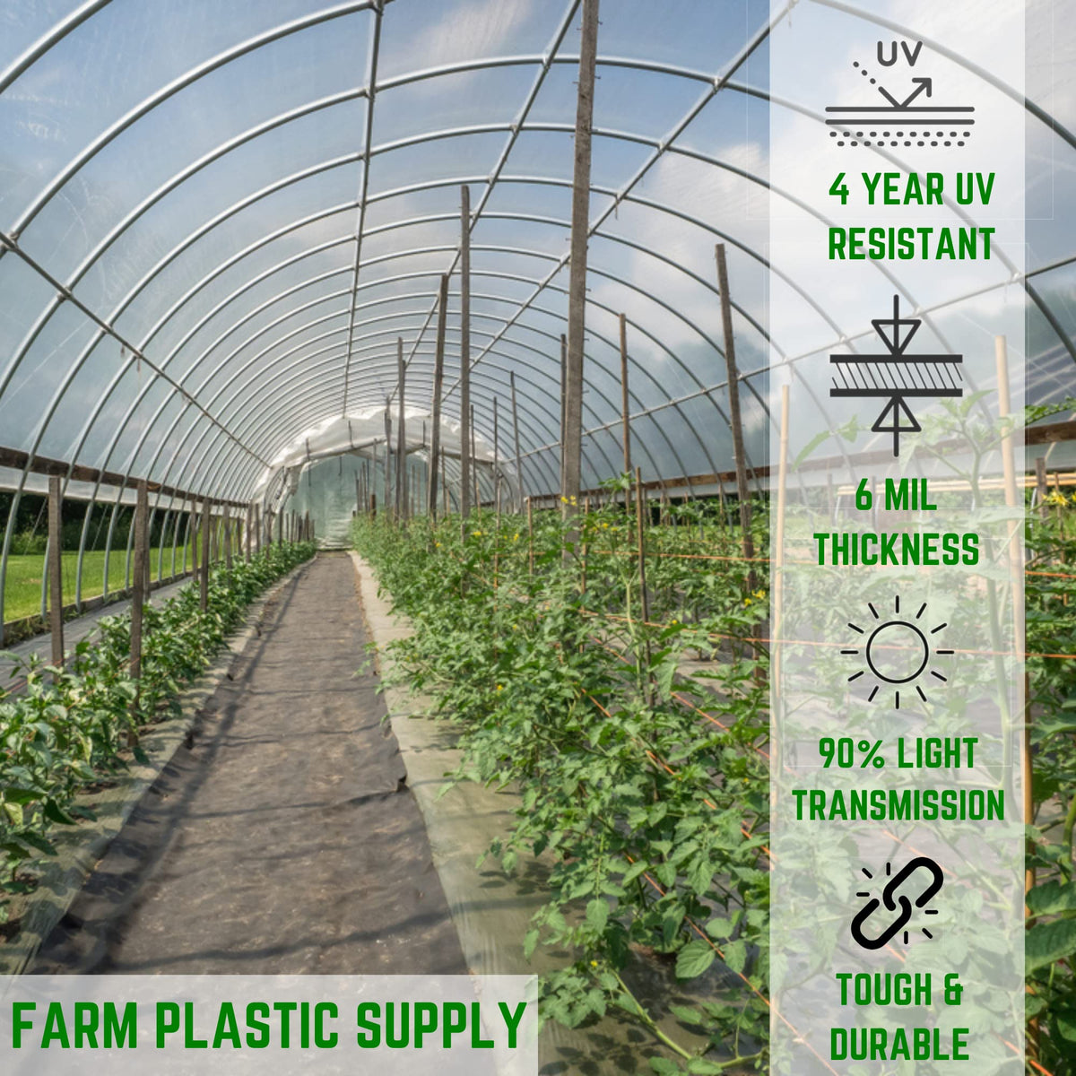Farm Plastic Supply UV-protected greenhouse film for extended outdoor durability.