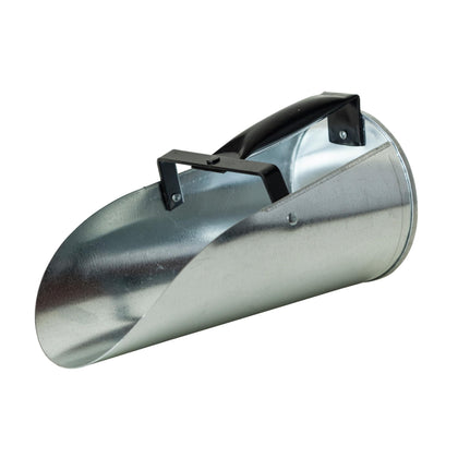 Farm-Tuff galvanized feed scoop with enclosed handle for quick, controlled feeding in barn or coop.