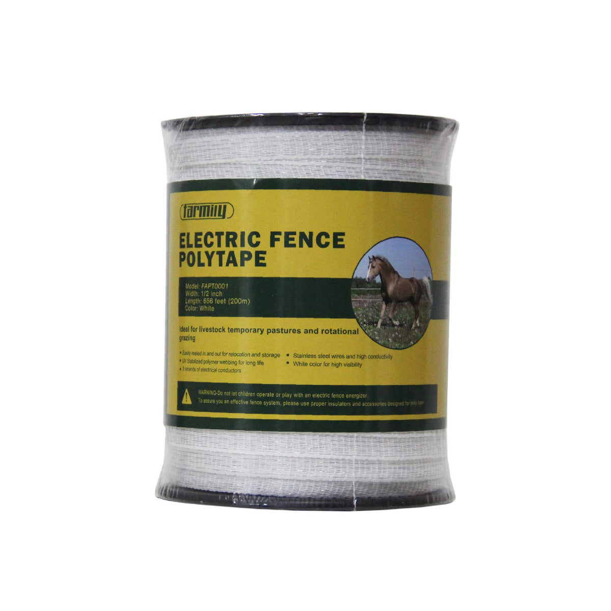 Farmily electric fence polytape with five conductors for reliable conductivity and livestock containment.