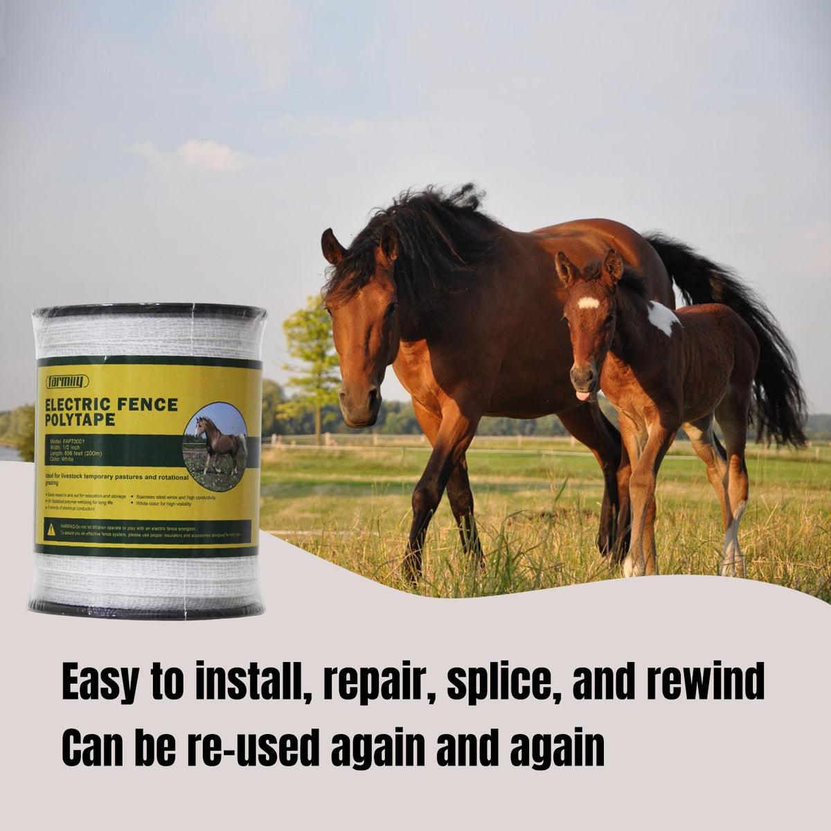 Farmily polytape 200m length ideal for rotational grazing and quick fence setup.