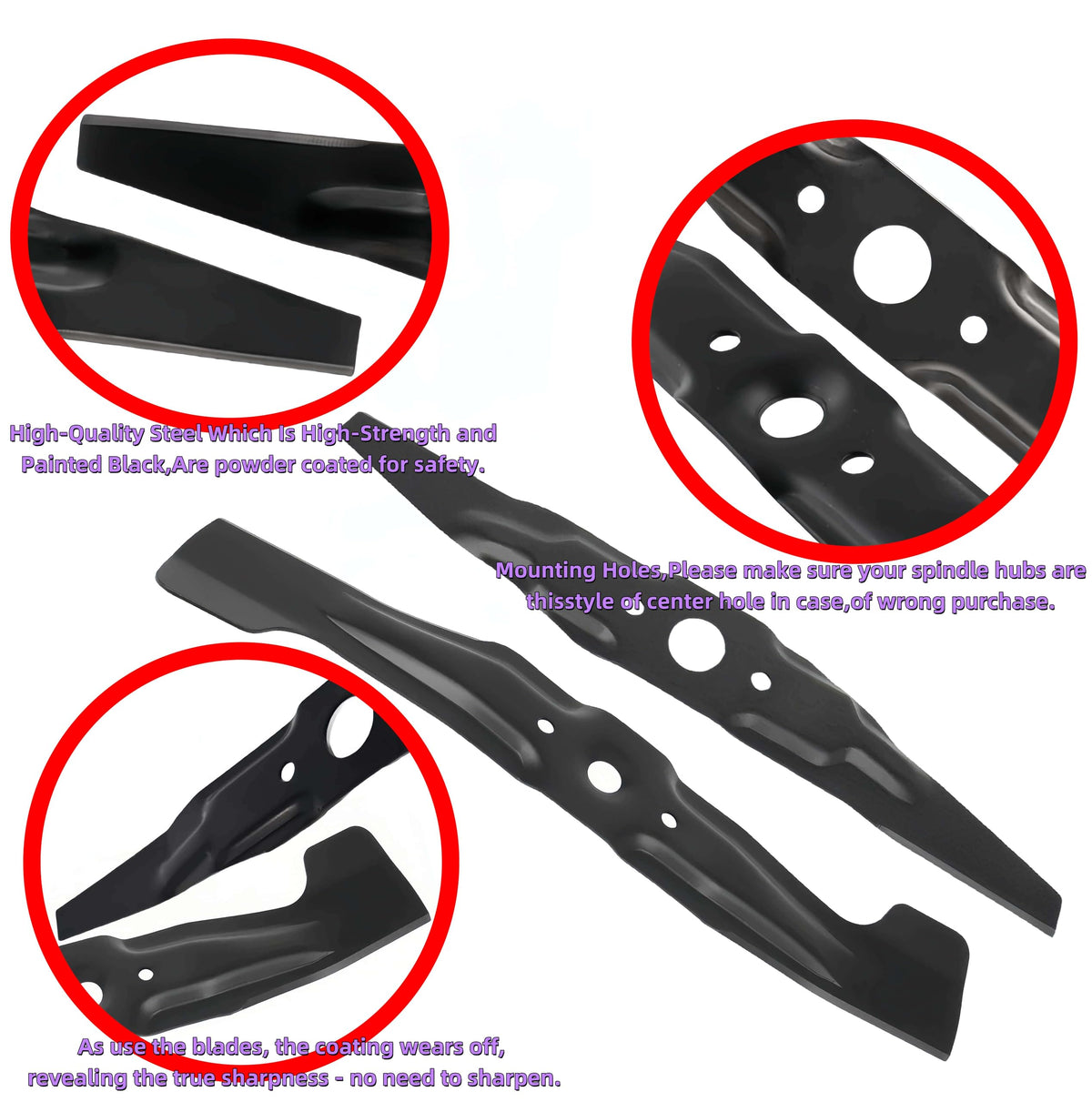 Fascinatte mulching blade with powder-coated coating for safety and longevity.
