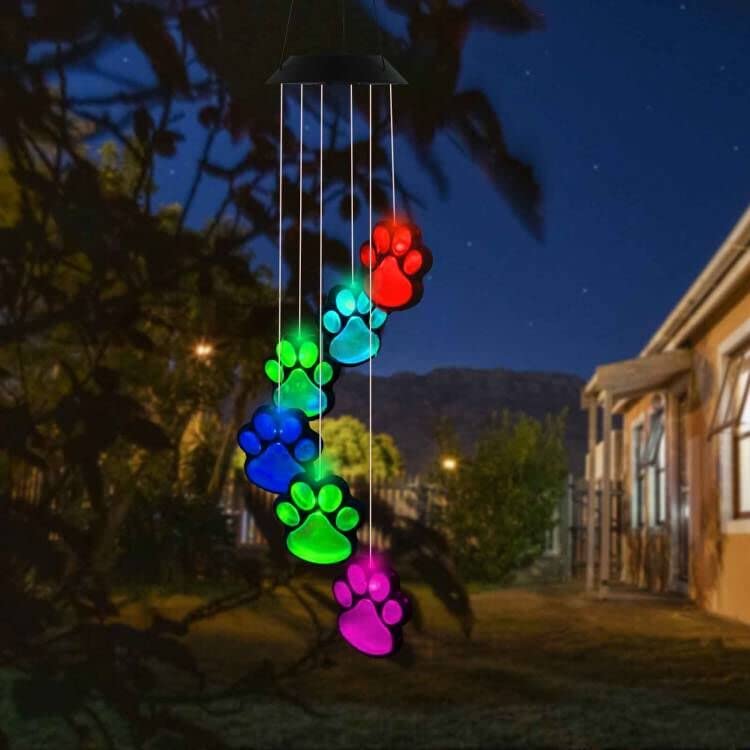fasohere paw print solar wind chimes panel with six illuminated paw prints at night