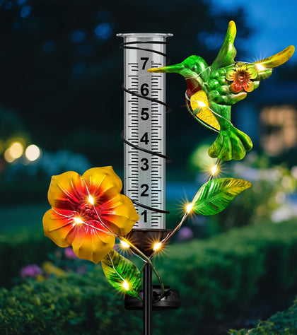 Fastruggle rain gauge with hummingbird night lights enhances garden ambiance