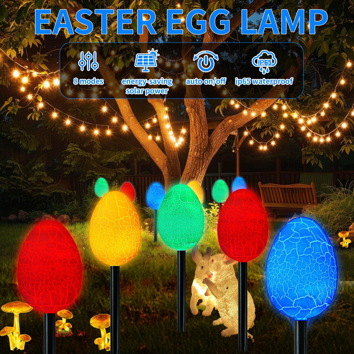 FathiSooc solar Easter egg lights with IP65 resist rain and wind for outdoor decor.
