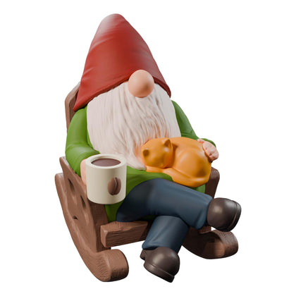 Faumsut coffee-loving gnome on a rocking chair adds whimsy to outdoor spaces.