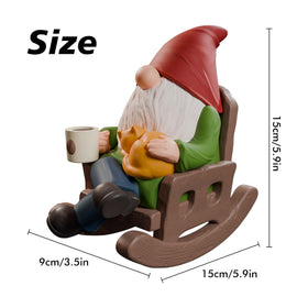 Faumsut garden gnome with a coffee cup brightens patios and porches.