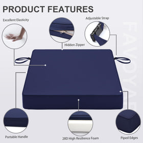 Favoyard cushion highlights 3-year color fastness in vibrant blue finish.