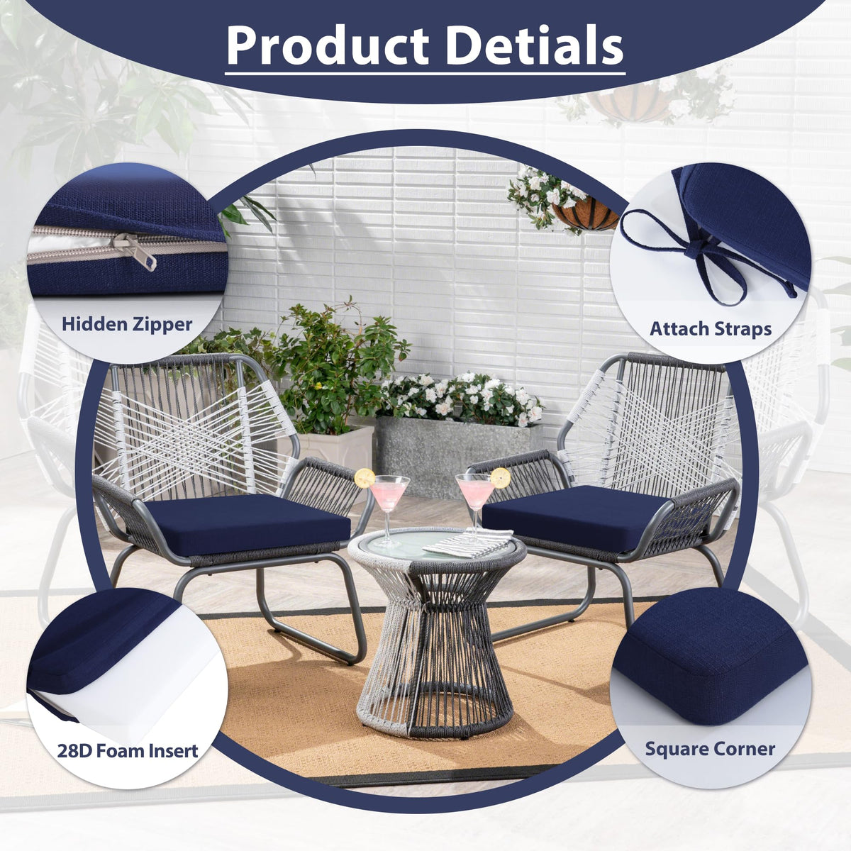 Favoyard cushions with attachment straps stay securely on furniture.