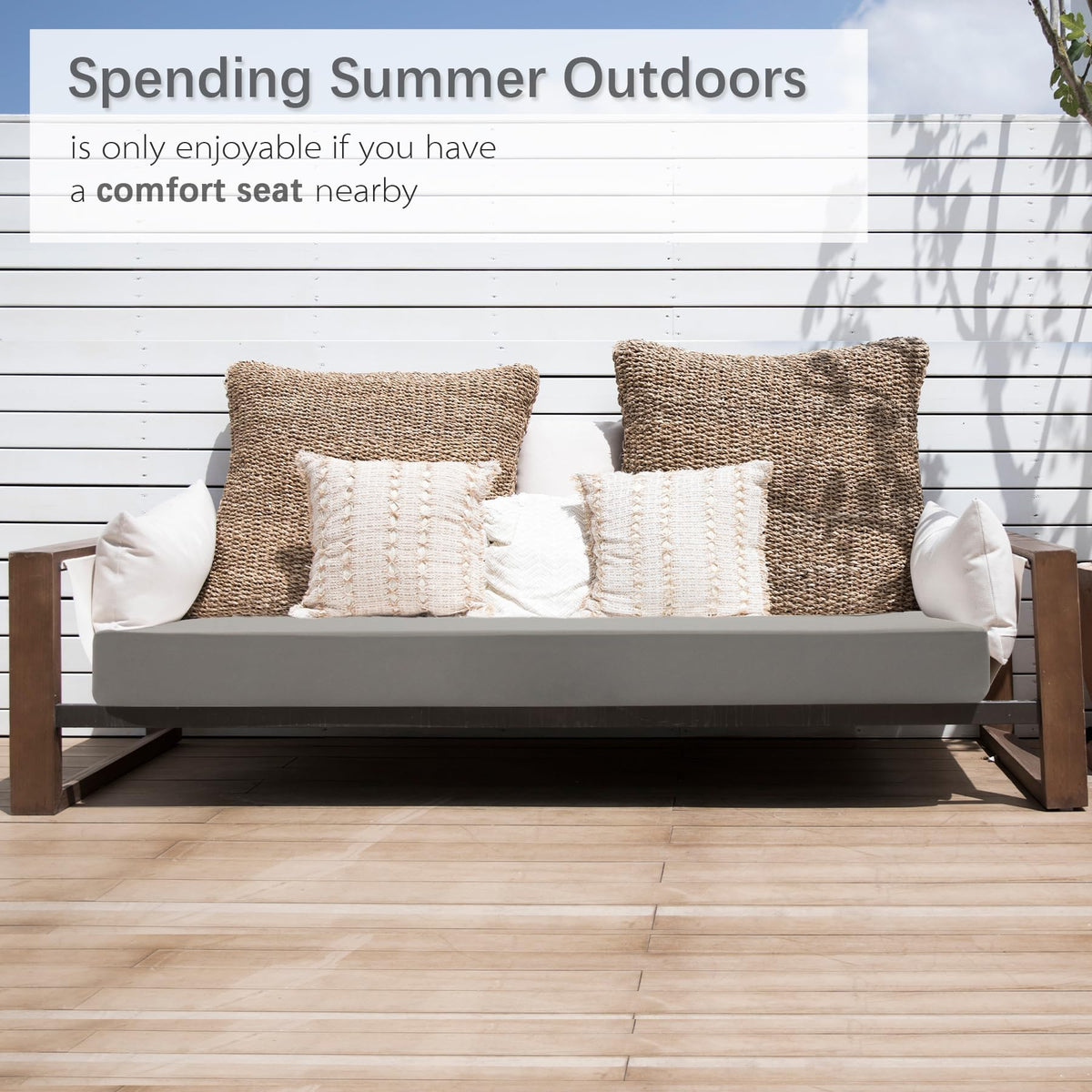 Favoyard bench cushion on patio furniture invites relaxed outdoor lounging.
