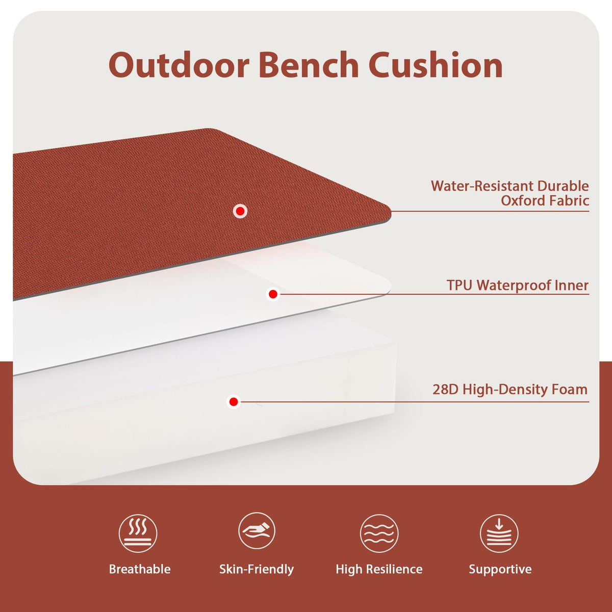 Favoyard bench cushion with secure attach ties to prevent slipping