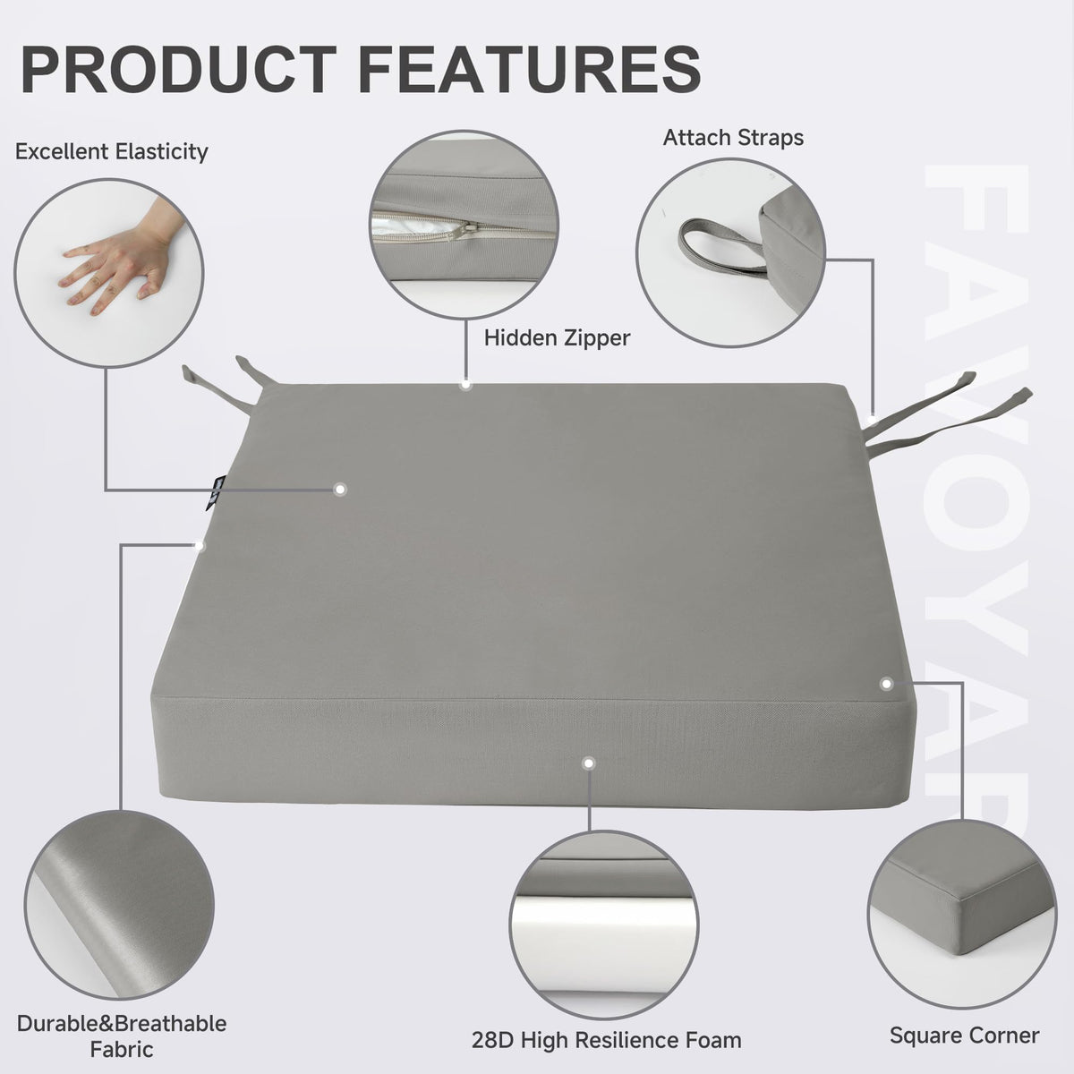 Favoyard cushion with adjustable straps and carry handle stays secure.