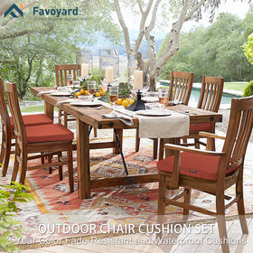 Favoyard cushions with straps and piping stay in place on dining chairs.