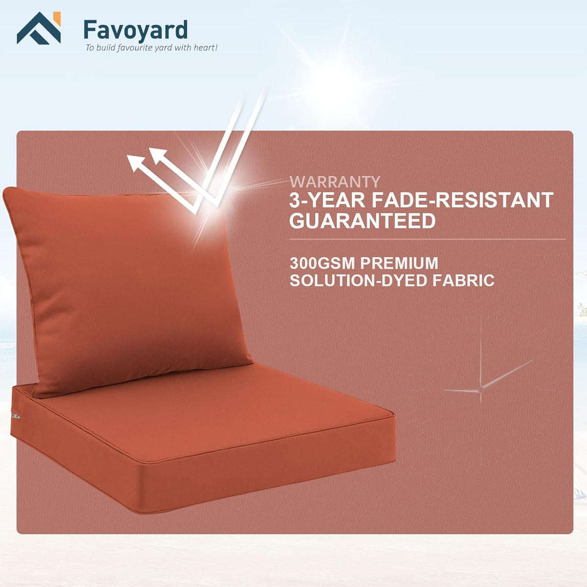 Favoyard cushions in a patio setup illustrating all-day comfort outdoors.