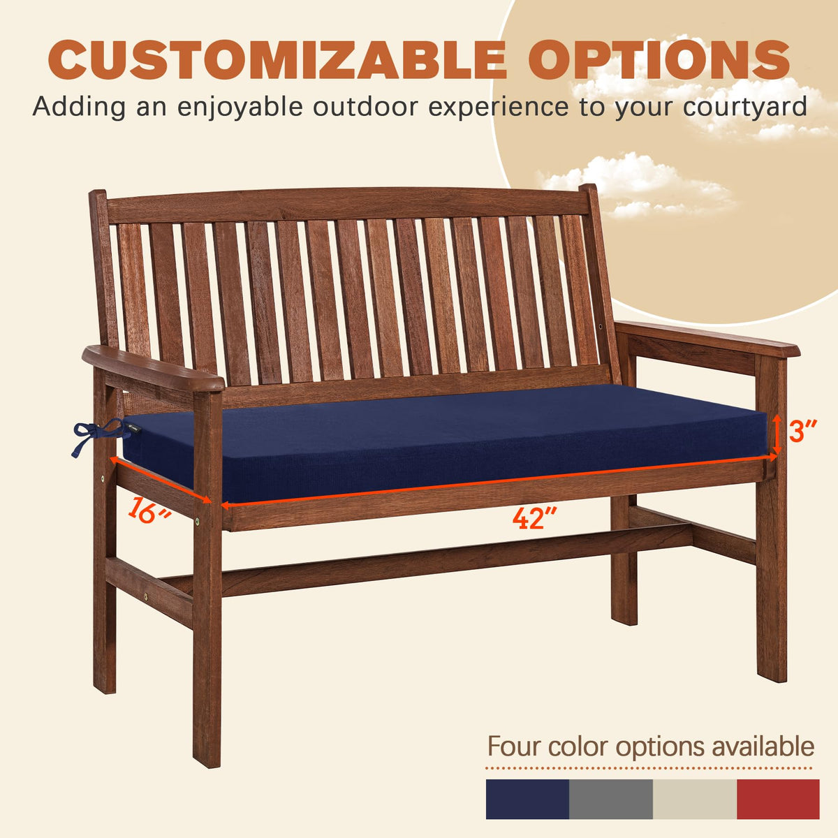 Favoyard outdoor bench cushion 42x16 blue - side profile showing slim depth and fit.