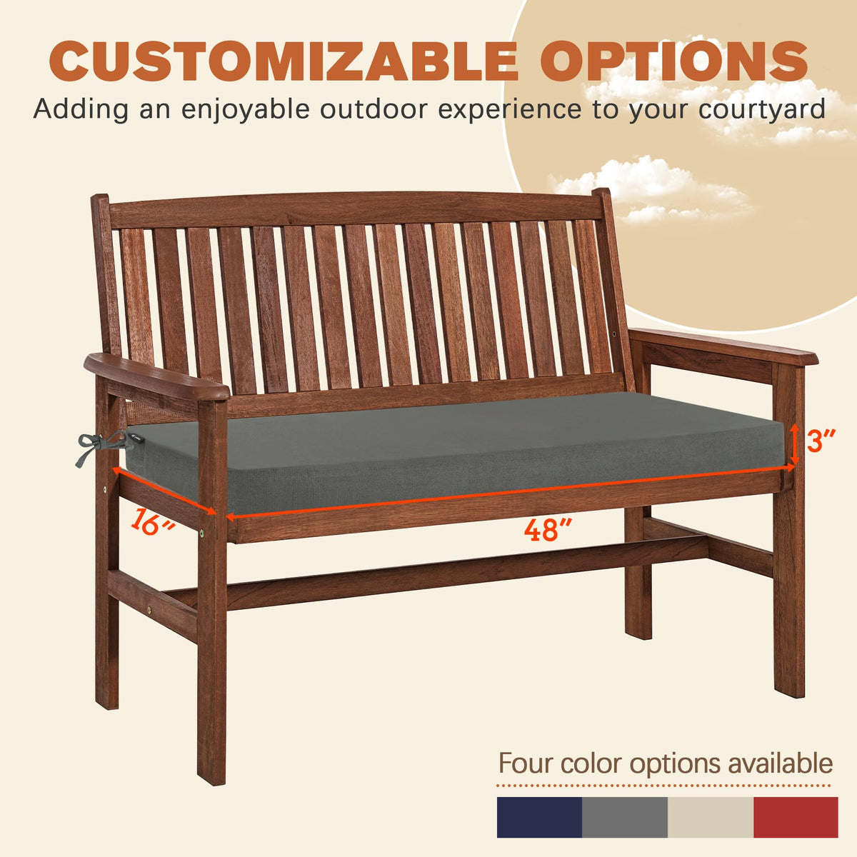 Favoyard bench cushion 48x16 fabric texture highlights durable material.