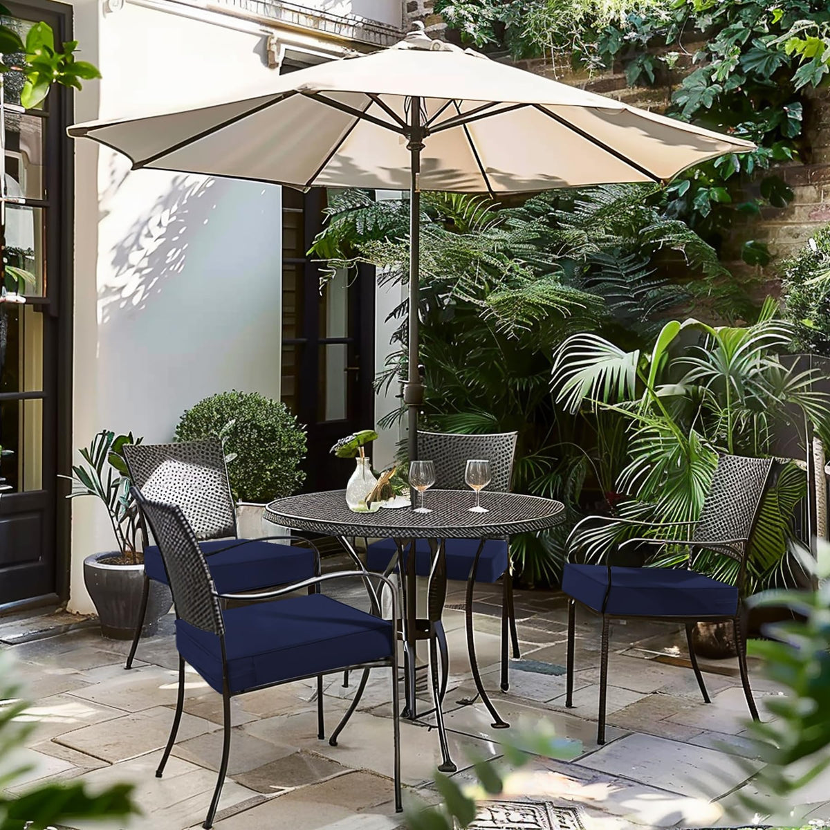 Favoyard outdoor cushion blue fabric showing waterproof surface for easy cleanup.
