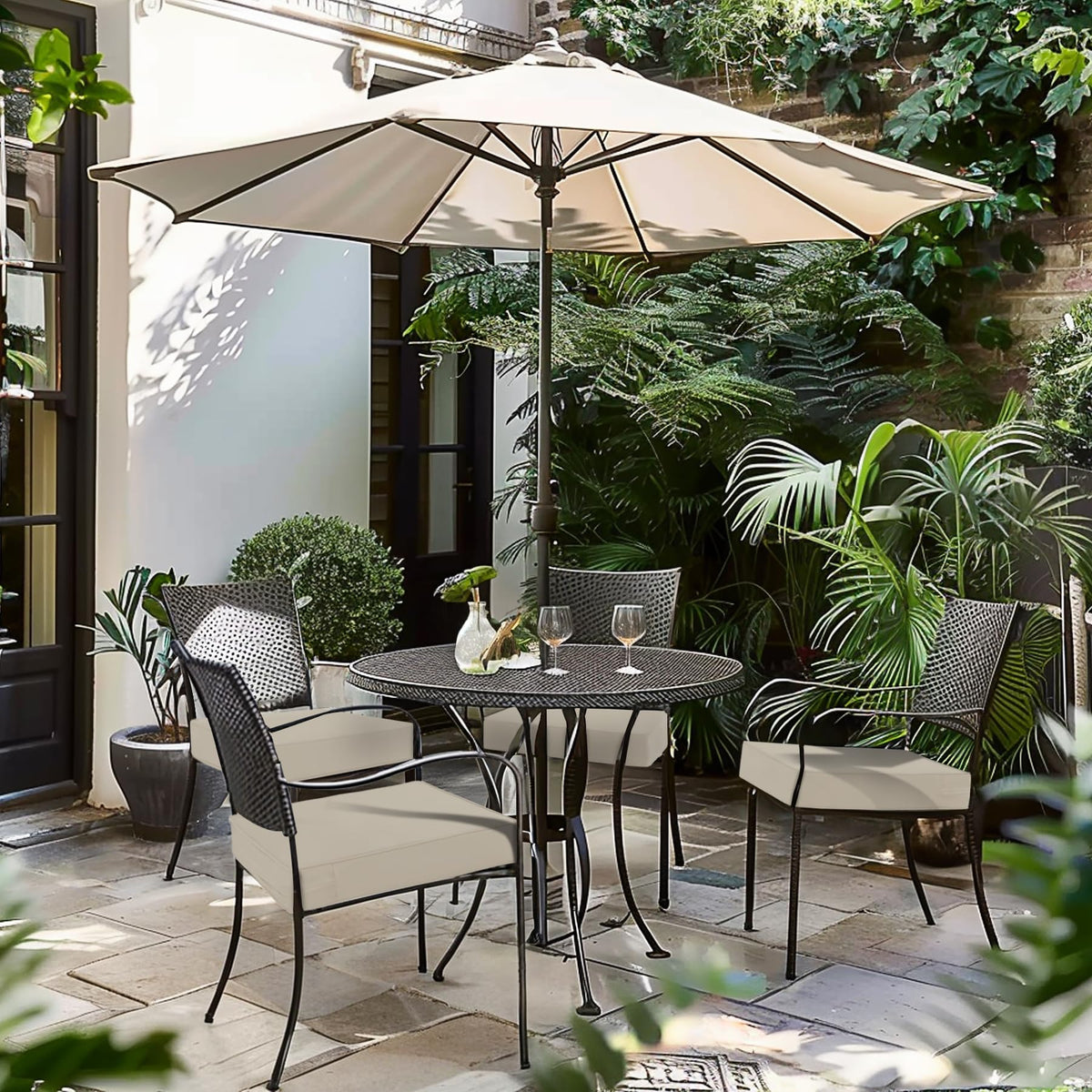 Cushions include adjustable straps to stay in place.