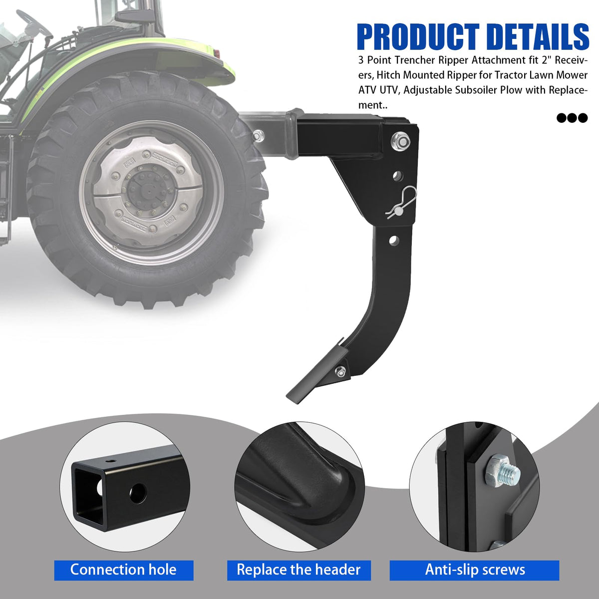 Depth adjustment on the FAYUWUOX trencher showing 12.5"–18.5" range.