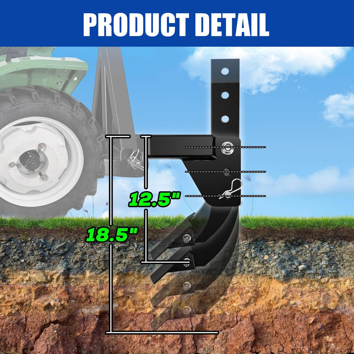 Trencher compatible with 2" receivers for ATVs, UTVs, and tractors.