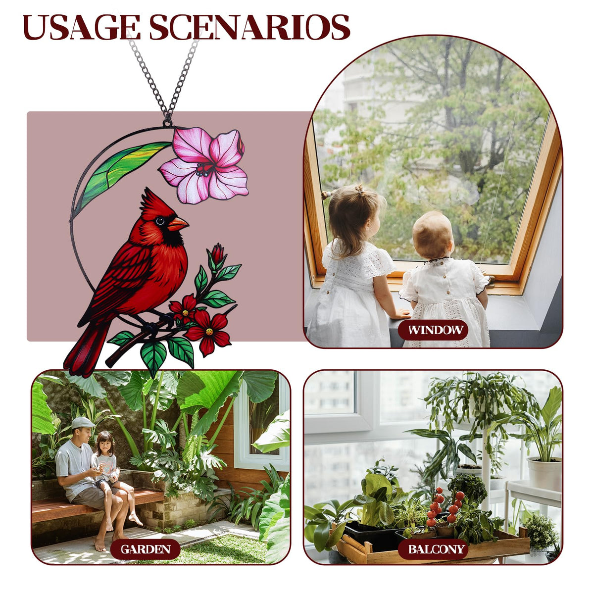 FBBP hummingbird suncatcher features a metal chain for adjustable hanging height.