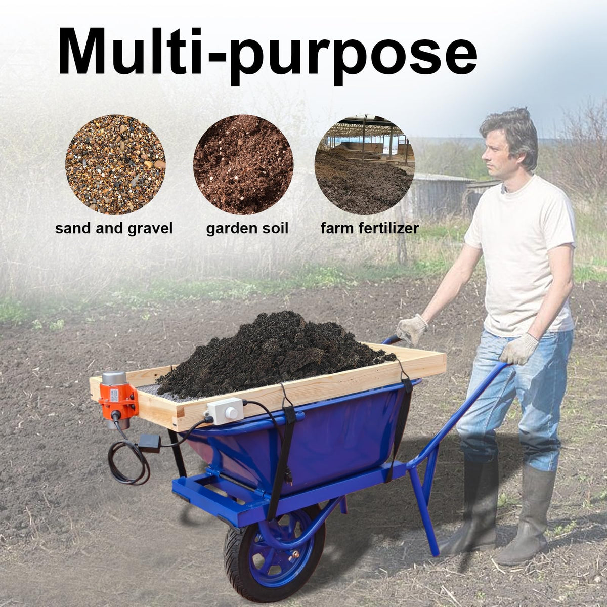 FBOJOY garden sifter shown fitting a wheelbarrow for direct use