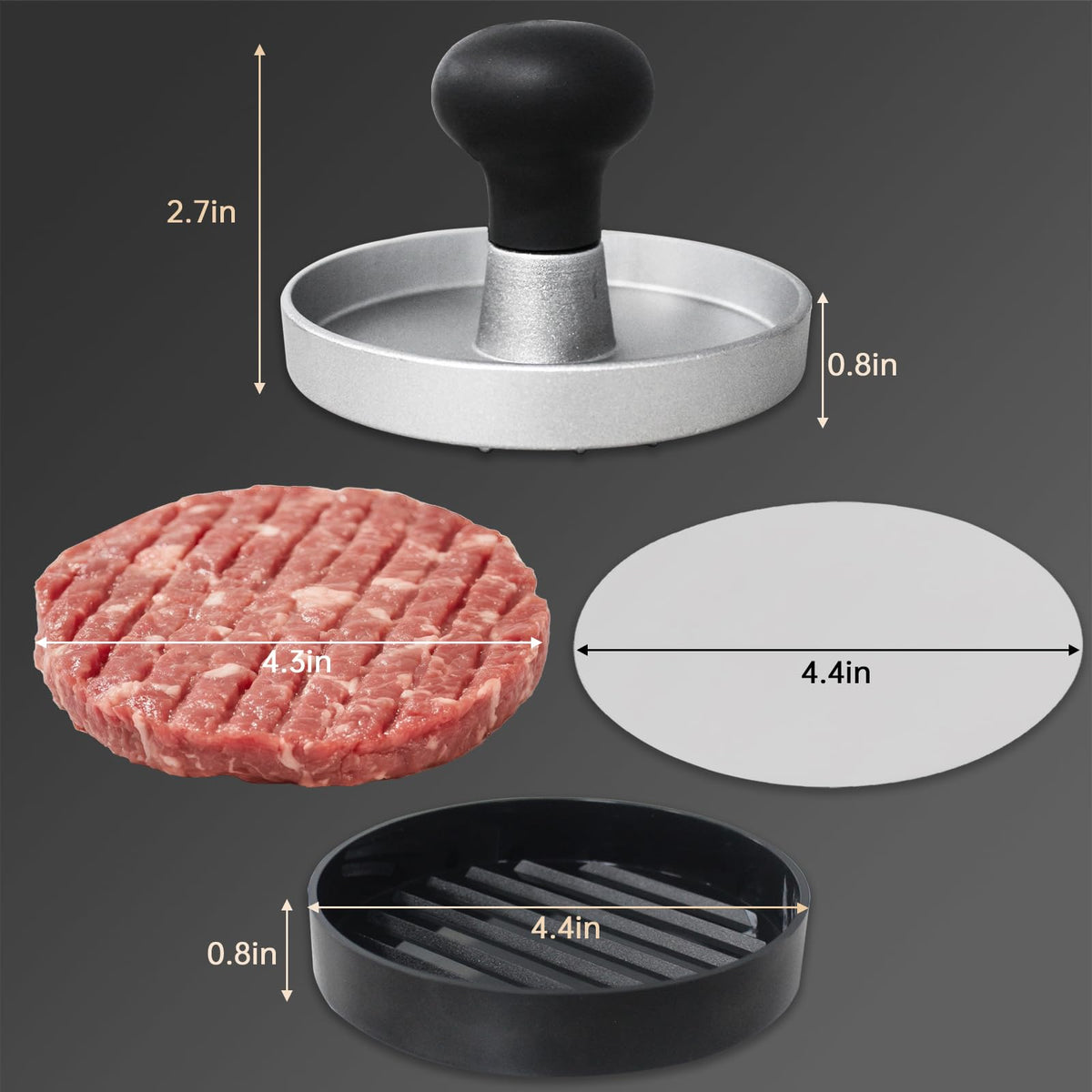 FCCUM burger press grooves visible for professional patty texture.