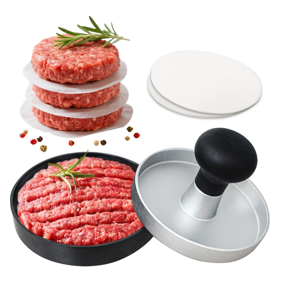 FCCUM Burger Press with wooden handle shapes uniform patties for even cooking.