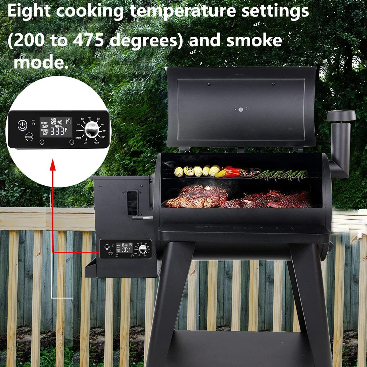 Eight temperature settings including smoke mode for precise Pit Boss grilling.