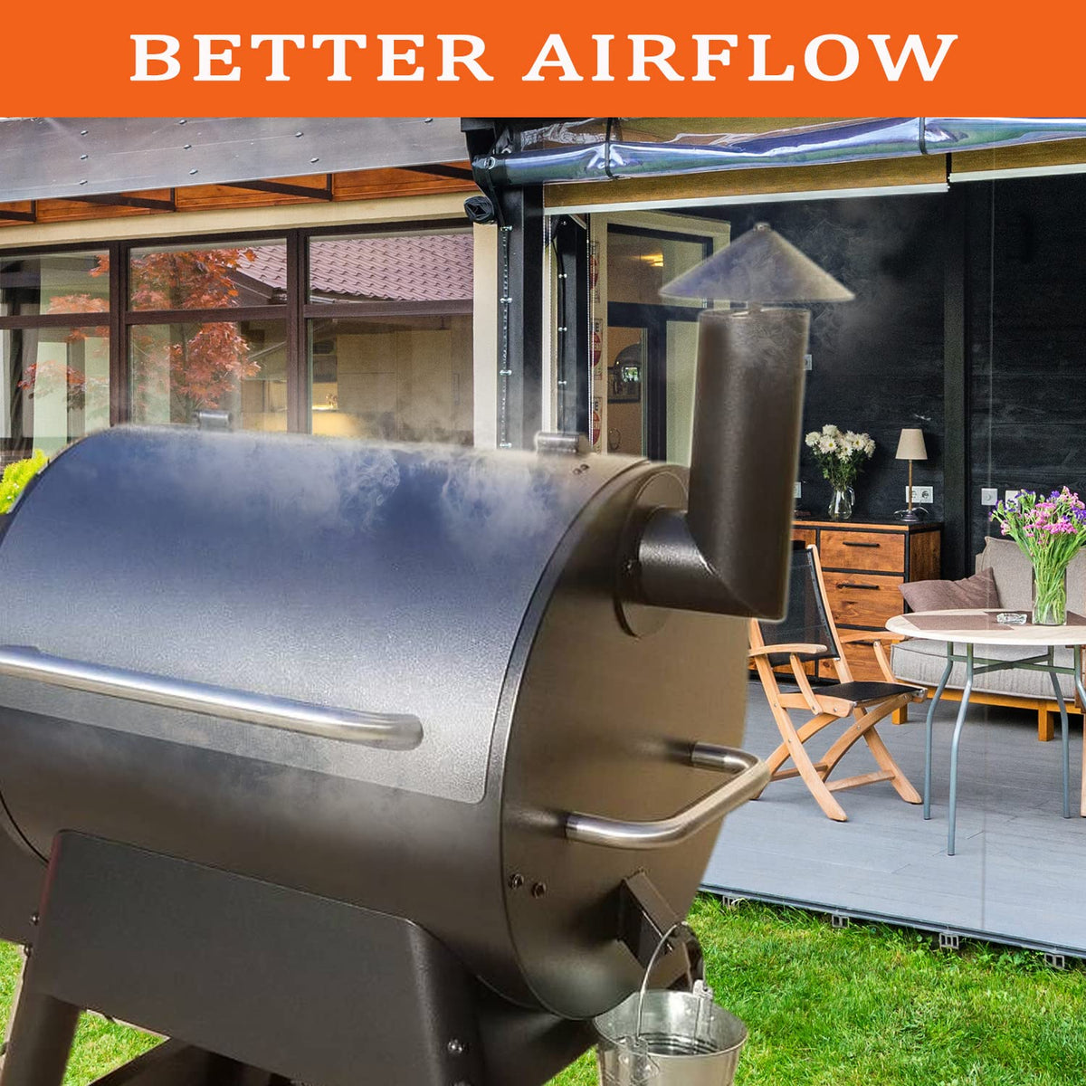 FCCUM pellet smoke stack enhances airflow and smoke dwell time on pellet grills.